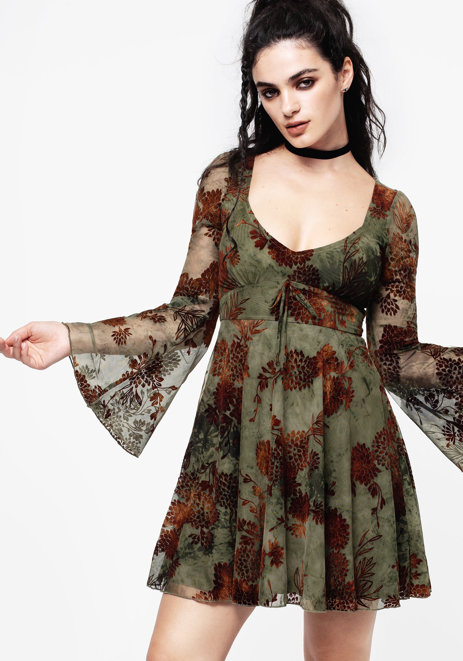 AW24M180_Rosaleigh_FLock_Velour_Mesh_Flare_Sleeve_Mini_dress_004-CROP