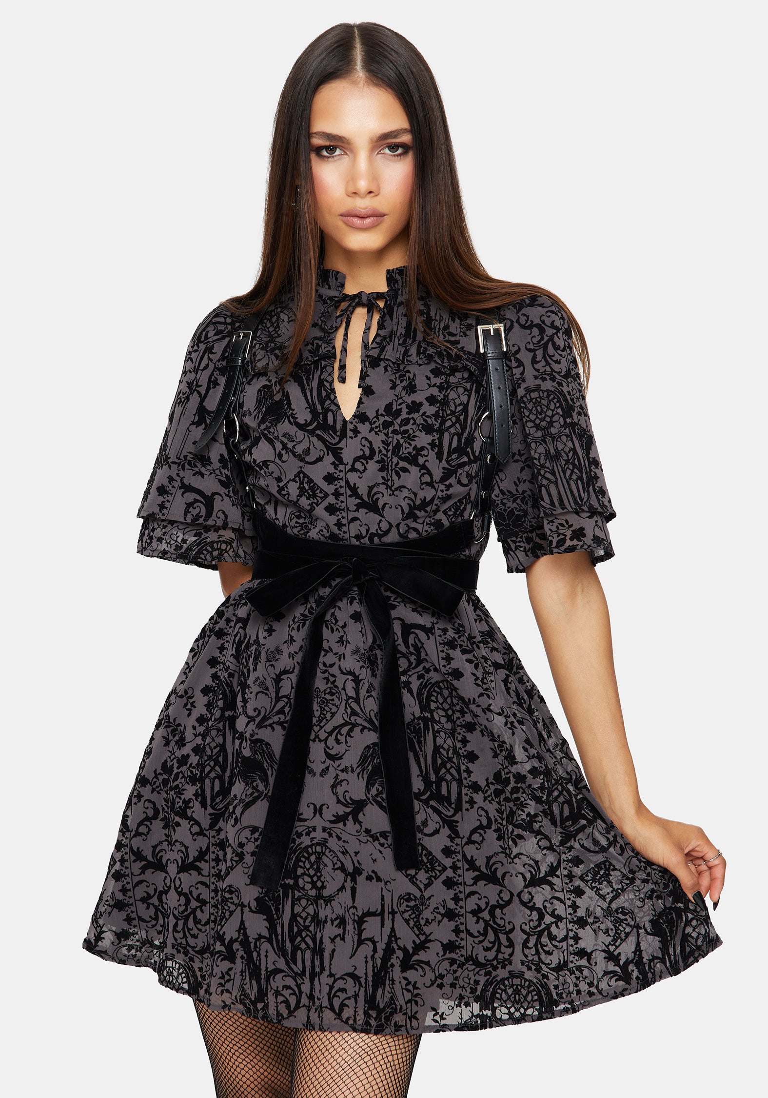 DR3627-UK6_THORNEDFLOCKEDCHIFFONCASTLEPRINTMINIDRESS_1